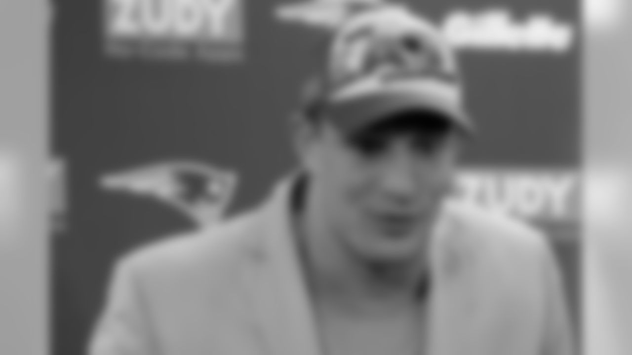New England Patriots tight end Rob Gronkowski (87) arrive for the news conference after an NFL football game against the Pittsburgh Steelers, Sunday, Dec. 17, 2017, in Pittsburgh. The Patriots won 27-24. (AP Photo/Don Wright)