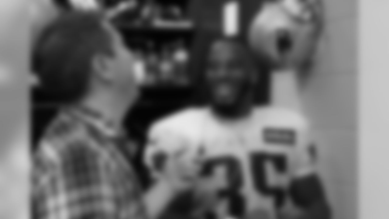 Jonas Gray speaks with a member of the media