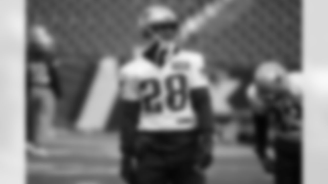 New England Patriots running back James White (28) stands on the field during an NFL football practice, Tuesday, Jan. 9, 2018, at Gillette Stadium, in Foxborough, Mass. The Patriots are scheduled to host the Tennessee Titans in an NFL divisional football AFC playoff game, Saturday, Jan. 13, 2018, in Foxborough. (AP Photo/Steven Senne)