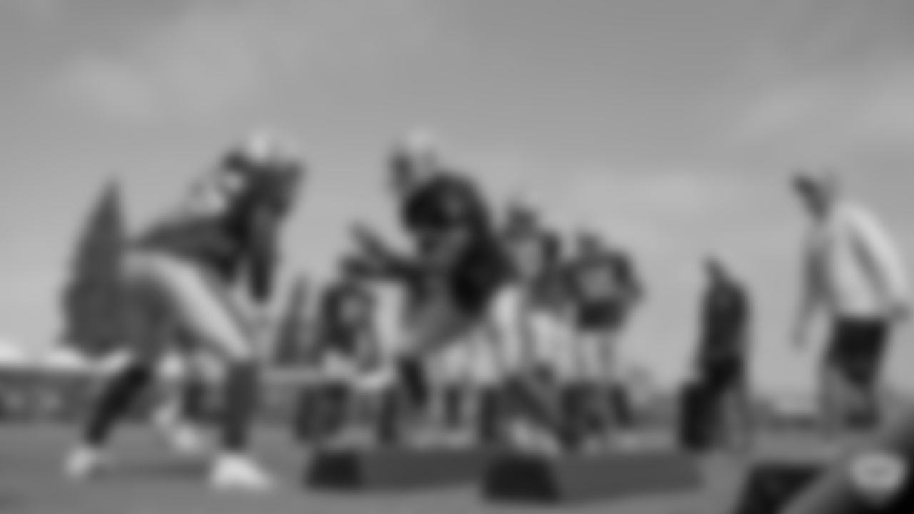 Raiders linebacker Te'von Coney (56), linebacker Tahir Whitehead (59), linebacker Jason Cabinda (53), linebacker Marquel Lee (52) and linebacker Nicholas Morrow (50) on the field for a joint practice with the Los Angeles Rams at 2019 Training Camp.