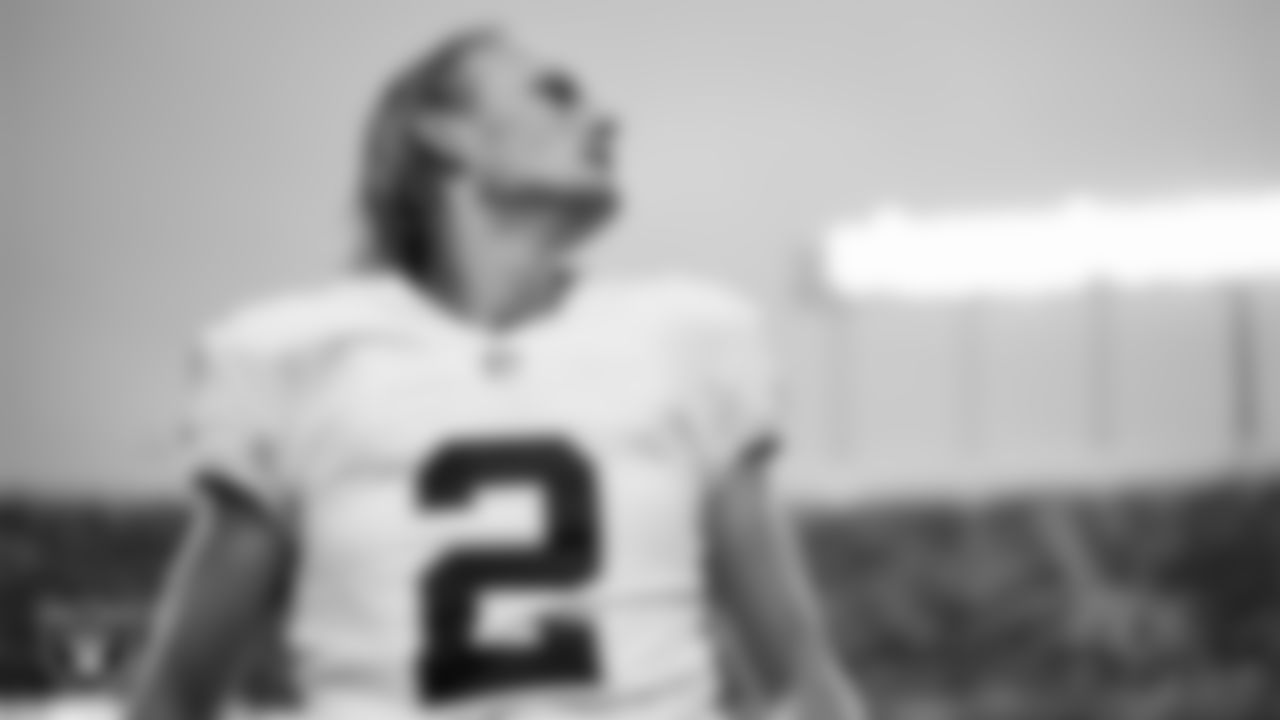 Las Vegas Raiders kicker Daniel Carlson (2) warming up before the regular season away game against the Kansas City Chiefs at GEHA Field at Arrowhead Stadium.
