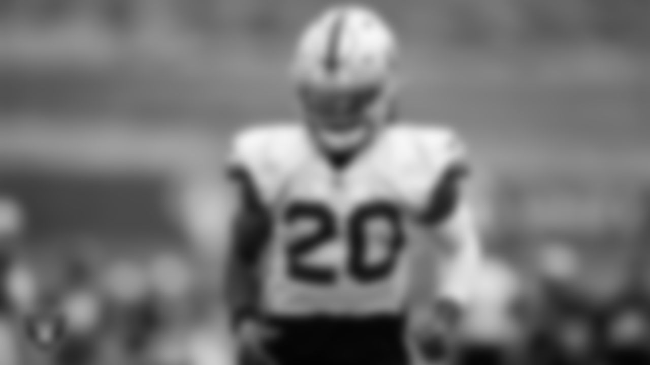 Las Vegas Raiders cornerback Damon Arnette (20) on the field for a joint practice with the Los Angeles Rams at 2021 Training Camp.