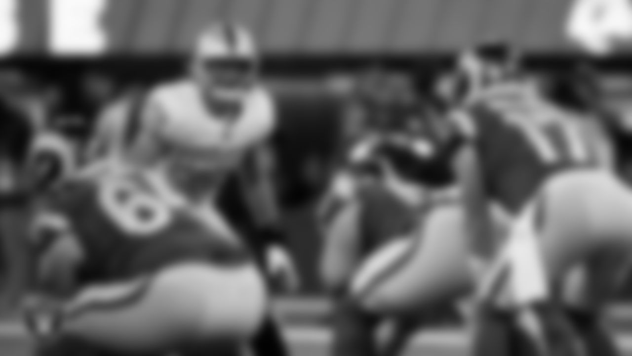 Las Vegas Raiders linebacker Luke Masterson (59) eyes the quarterback during the regular season away game against the Los Angeles Rams at SoFi Stadium.