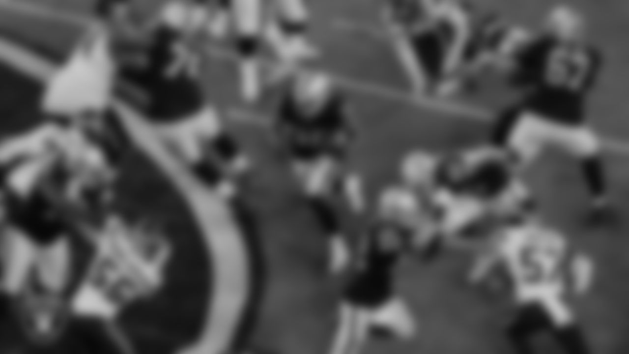 Las Vegas Raiders guard/tackle Jaryd Jones-Smith (72), guard John Simpson (76), running back Trey Ragas (36), guard Lester Cotton Sr. (67), running back Garrett Groshek (46) and tight end Nick Bowers (82) during the preseason game against the Seattle Seahawks at Allegiant Stadium.
