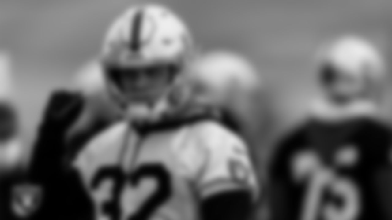 Las Vegas Raiders safety Dallin Leavitt (32) during practice at Intermountain Healthcare Performance Center.