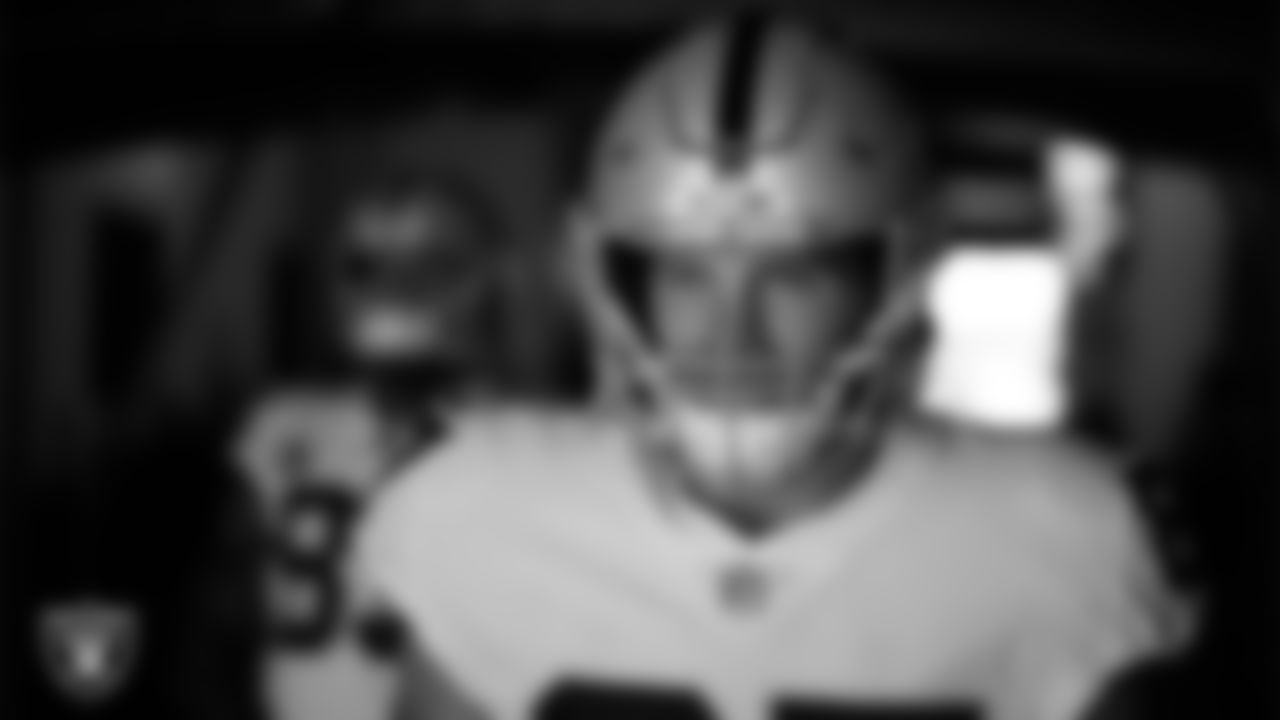 Las Vegas Raiders tight end Foster Moreau (87) walks down the tunnel before the regular season away game against the Denver Broncos.
