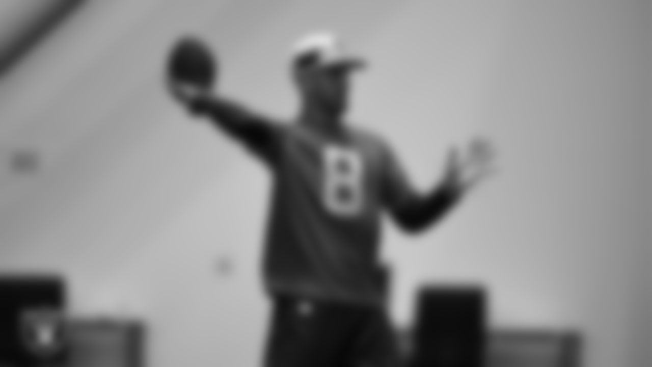 Las Vegas Raiders quarterback Marcus Mariota (8) on the field for a walk through at 2020 Training Camp