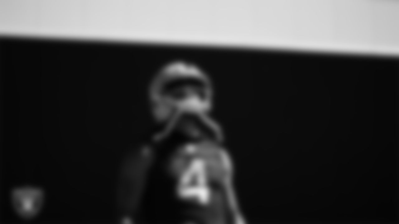 Las Vegas Raiders quarterback Derek Carr (4) at an Organized Team Activity (OTA).