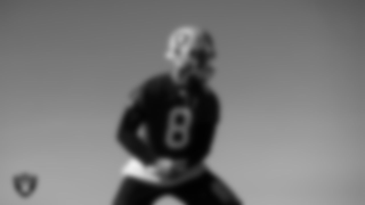 Las Vegas Raiders quarterback Marcus Mariota (8) during practice.