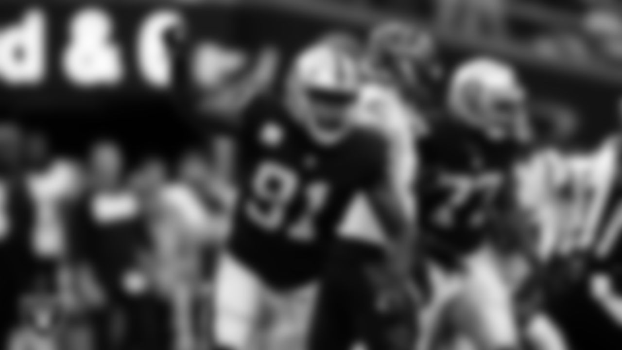 Las Vegas Raiders defensive end Yannick Ngakoue (91) celebrates after strip-sacking the quarterback during the regular season home game against the Cincinnati Bengals.