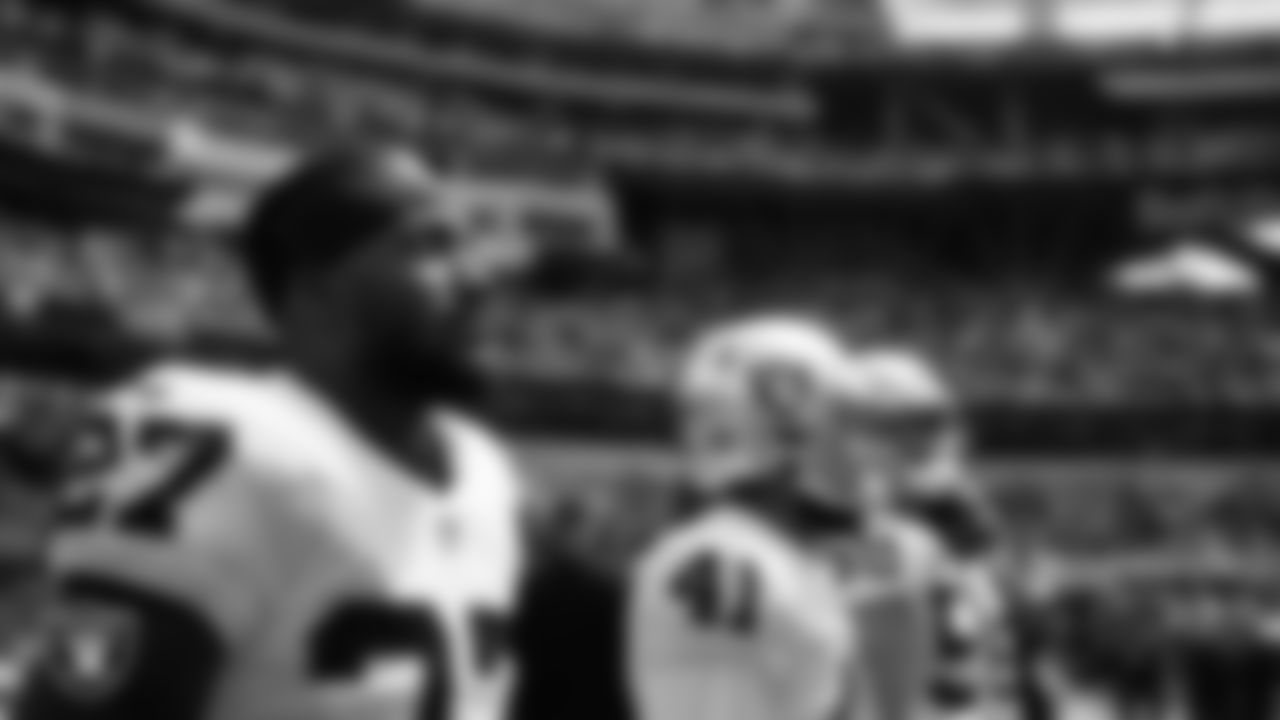 Las Vegas Raiders cornerback Sam Webb (27) during the national anthem before the regular season away game against the Los Angeles Chargers at SoFi Stadium.