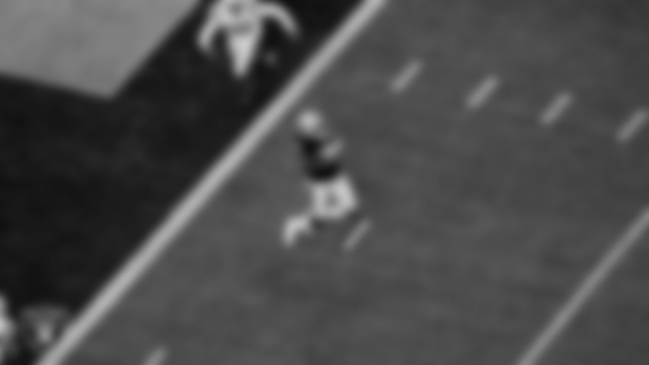 Las Vegas Raiders wide receiver Nelson Agholor (15) makes a 21-yard touchdown catch during the regular season game against the Indianapolis Colts at Allegiant Stadium.