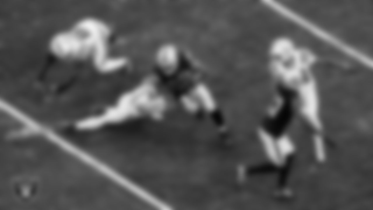 Las Vegas Raiders running back Josh Jacobs (28) rushes during the regular season home game against the Indianapolis Colts at Allegiant Stadium.