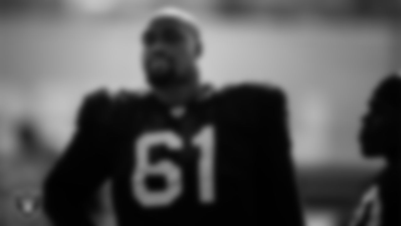 Las Vegas Raiders center Rodney Hudson (61) on the field for practice at 2020 Training Camp.