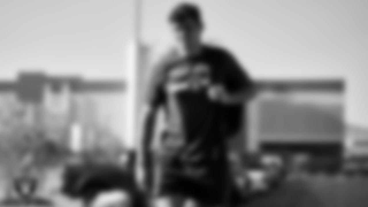 Las Vegas Raiders wide receiver Dillon Stoner (16) arrives for 2021 Training Camp.