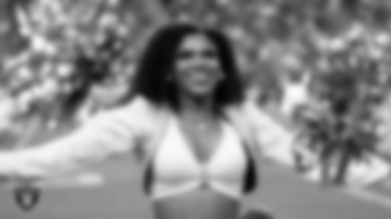 Raiderette Shayla on the sidelines during the regular season home game against the Los Angeles Chargers at Allegiant Stadium.