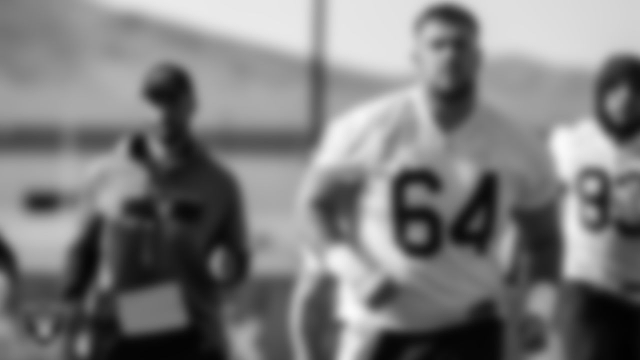 Las Vegas Raiders offensive lineman Alex Bars (64) at a workout during phase two of the offseason program.