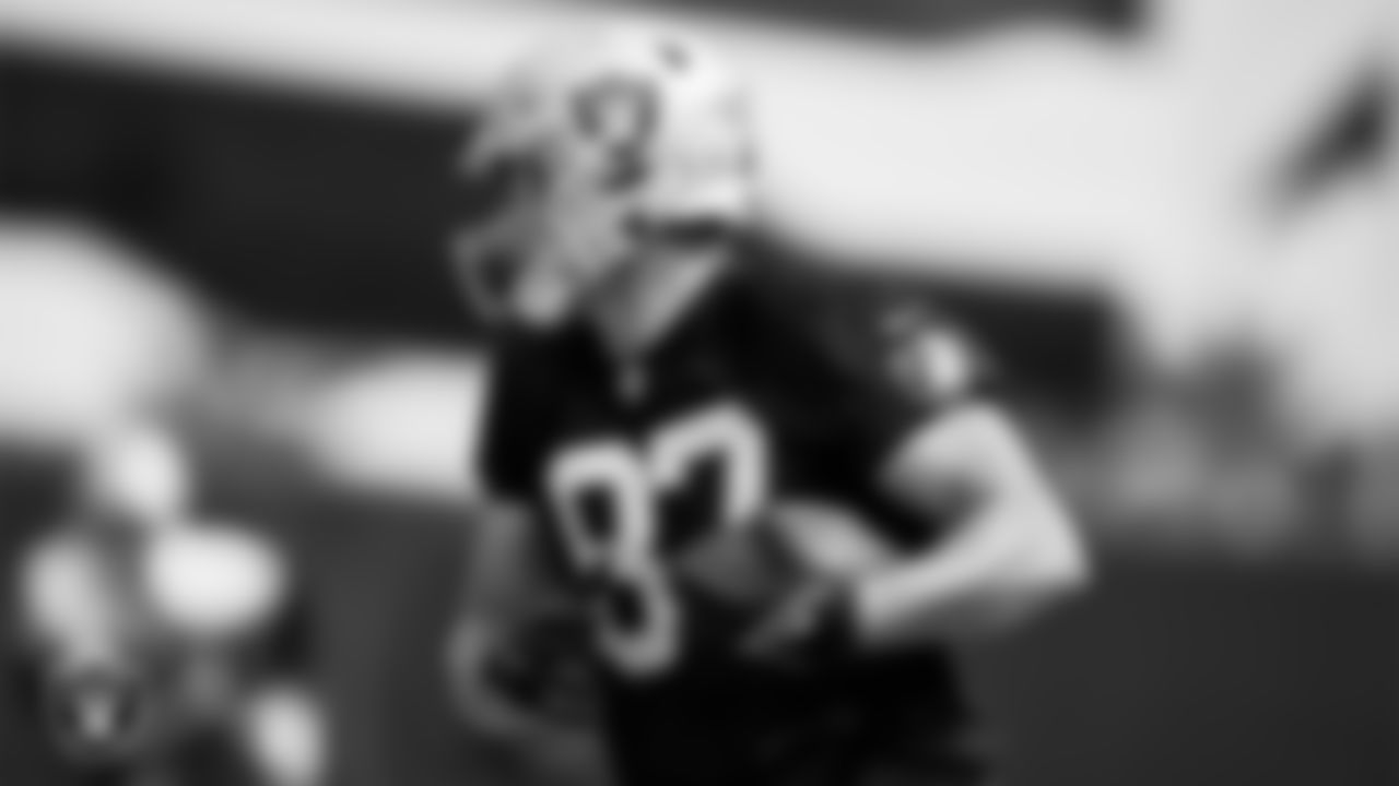 Las Vegas Raiders tight end Foster Moreau (87) during practice at Intermountain Healthcare Performance Center.