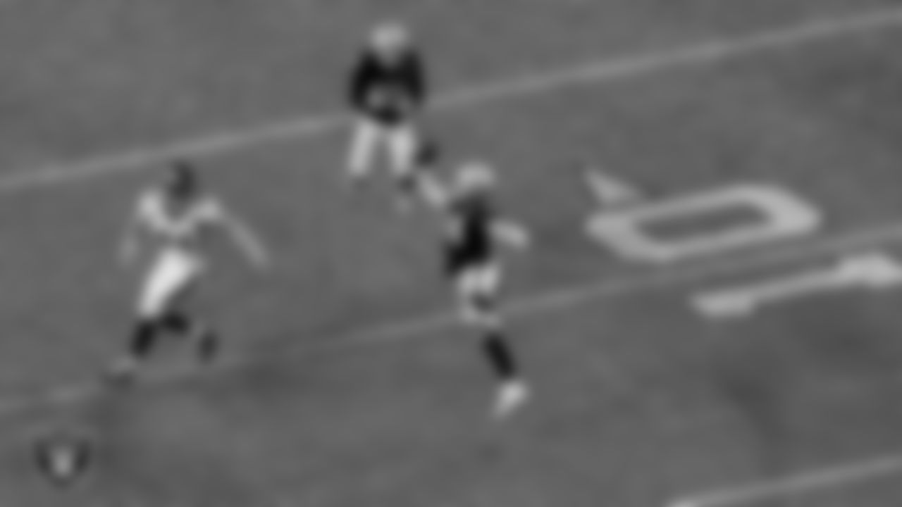 Las Vegas Raiders linebacker Nick Kwiatkoski (44) intercepts a pass during the regular season home game against the Denver Broncos.
