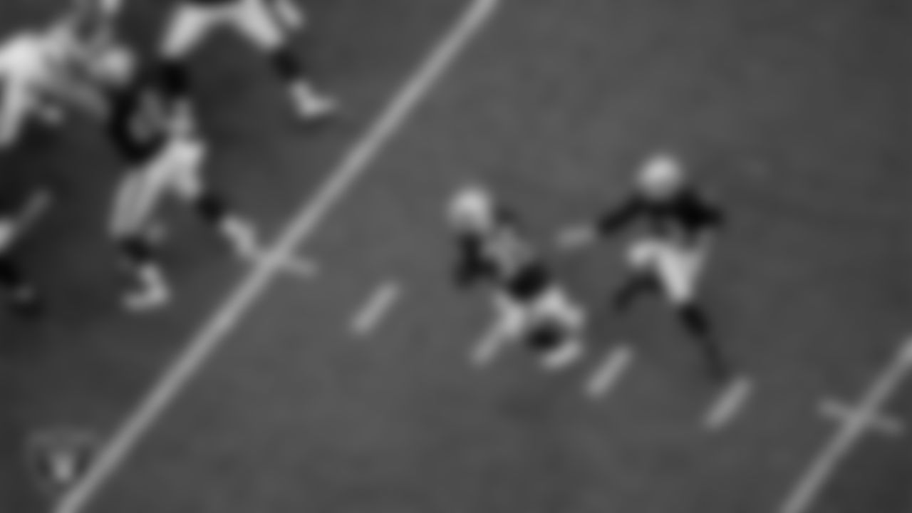 Las Vegas Raiders running back Zamir White (35) and quarterback Jarrett Stidham (3) during the preseason home game against the Minnesota Vikings at Allegiant Stadium.