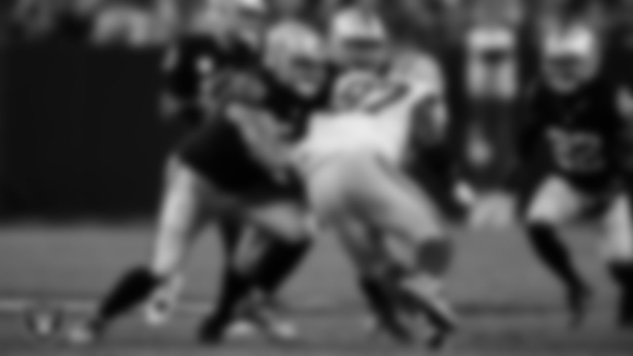 Las Vegas Raiders center Andre James (68) blocks during the regular season home game against the Green Bay Packers at Allegiant Stadium.