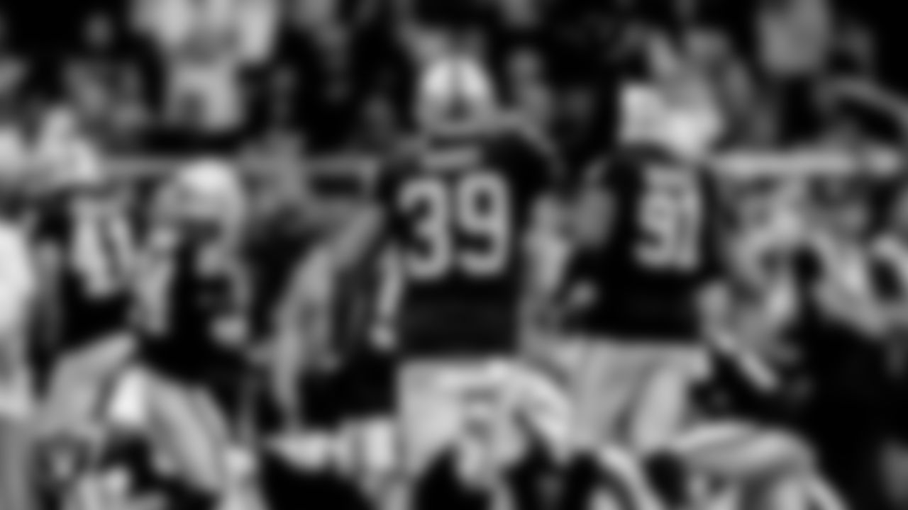 Las Vegas Raiders cornerback Nate Hobbs (39) celebrates on the field during the regular season home game against the Arizona Cardinals at Allegiant Stadium.