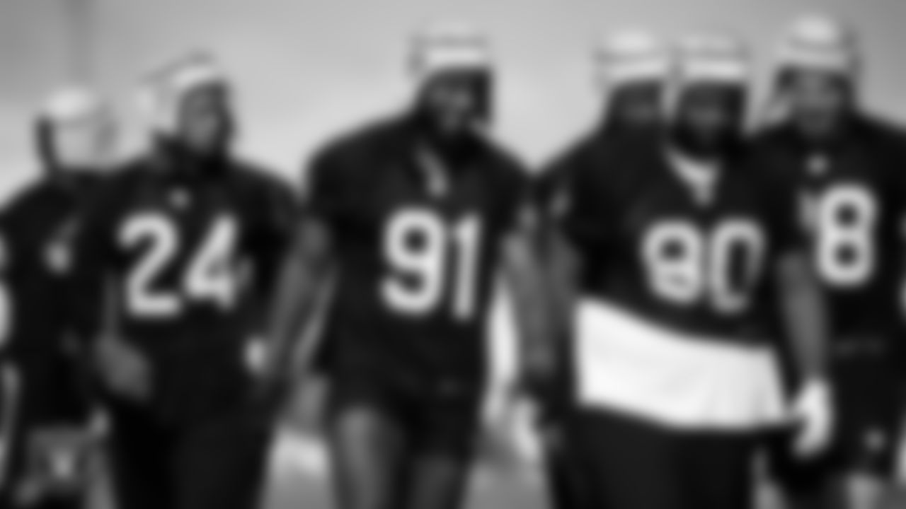 Las Vegas Raiders safety Johnathan Abram (24), defensive end Yannick Ngakoue (91) and defensive tackle Johnathan Hankins (90) on the field for practice at 2021 Training Camp.