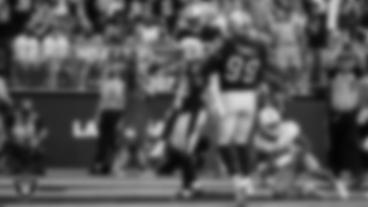 Las Vegas Raiders cornerback Casey Hayward Jr. (29) celebrates after recording a safety during the regular season home game against the Miami Dolphins.