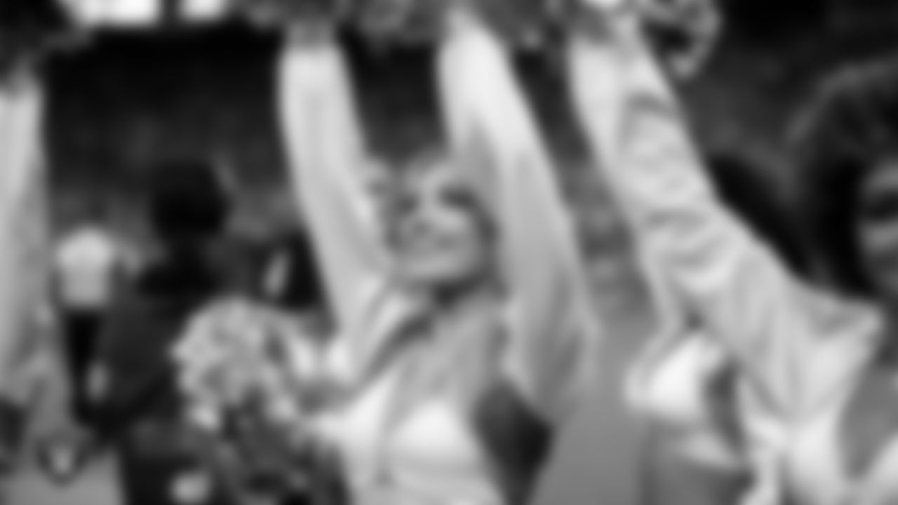 Raiderette Megan on the sidelines during the regular season home game against the Green Bay Packers at Allegiant Stadium.