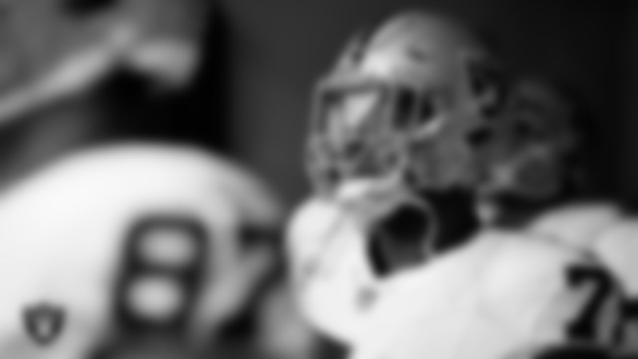 Las Vegas Raiders tackle Justin Herron (71) waits for the team to be introduced onto the field before the regular season away game against the Los Angeles Chargers at SoFi Stadium.