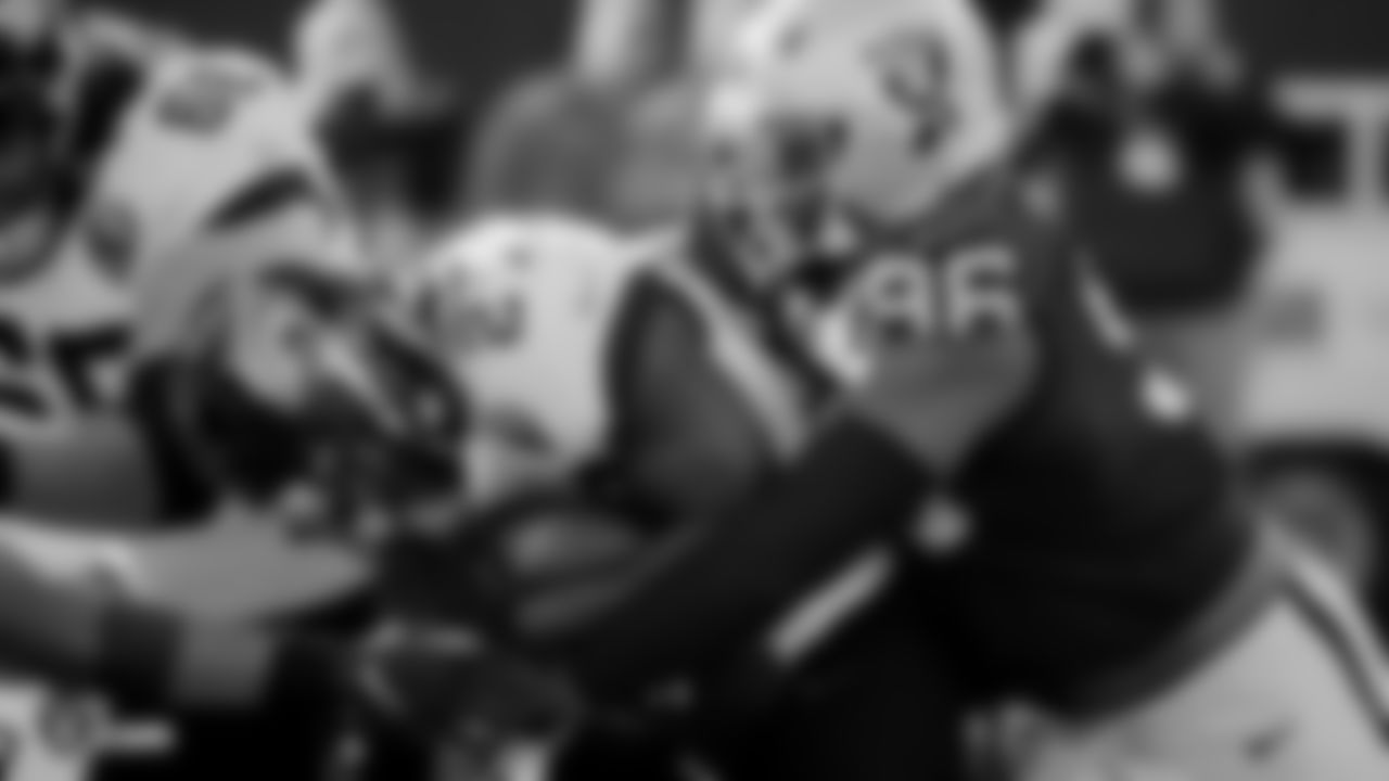 Raiders defensive end Clelin Ferrell (96) makes a tackle during the regular season game against the Jacksonville Jaguars.