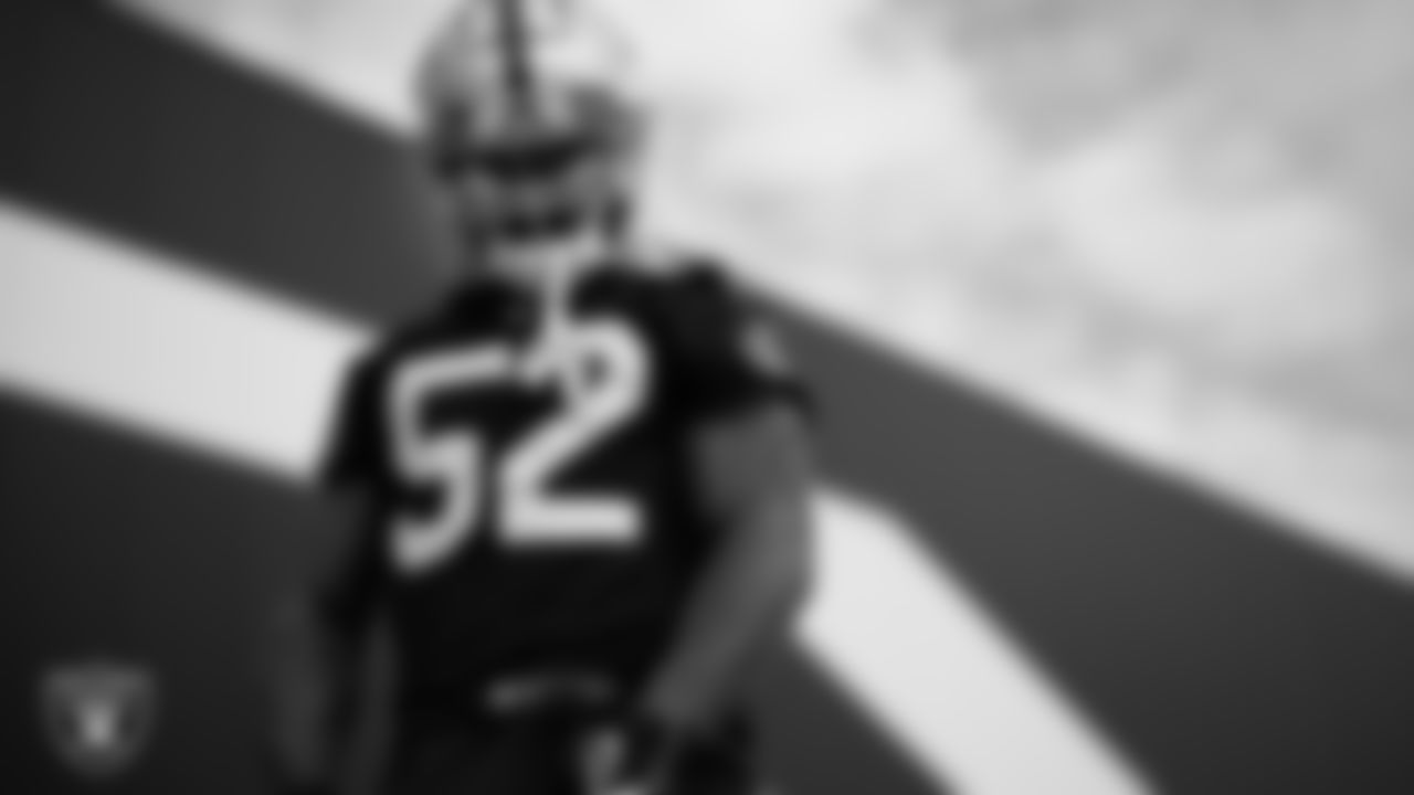 Las Vegas Raiders linebacker Denzel Perryman (52) during practice at Intermountain Healthcare Performance Center.