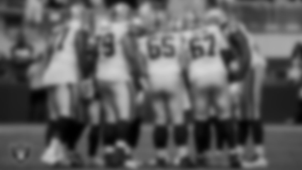 The Las Vegas Raiders offense huddles during the preseason game against the San Francisco 49ers at Levi's Stadium.