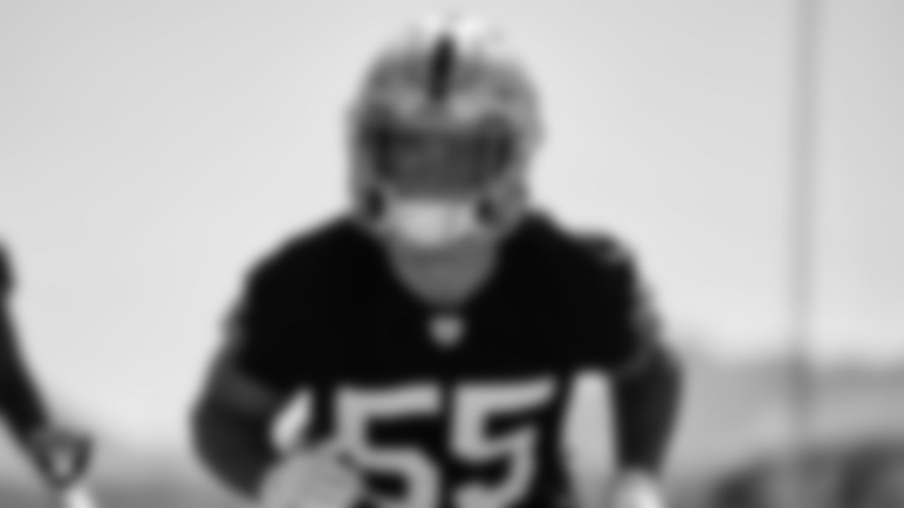 Las Vegas Raiders linebacker Tanner Muse (55) at an Organized Team Activity (OTA).