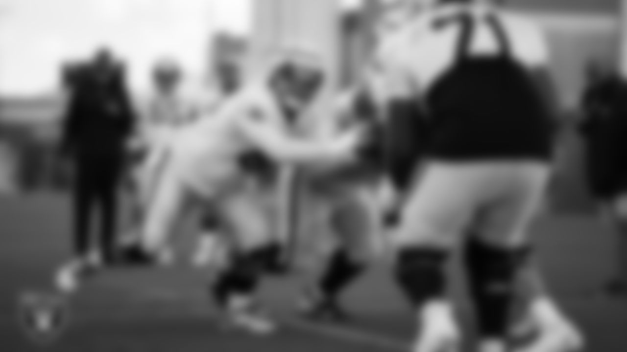 Las Vegas Raiders center Andre James (68) during practice at Intermountain Health Performance Center.