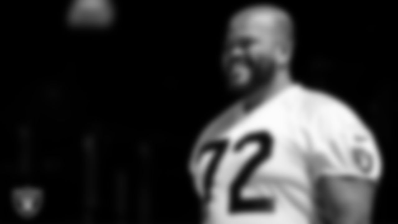 Las Vegas Raiders offensive lineman Jermaine Eluemunor (72) at an Organized Team Activity (OTA).
