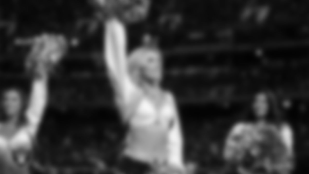 Raiderette Taylor on the sidelines at the Raiders game against the Denver Broncos.