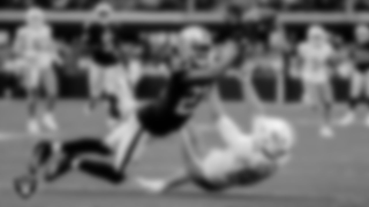 Las Vegas Raiders cornerback Trayvon Mullen Jr. (27) breaks up a pass during the regular season home game against the Miami Dolphins.