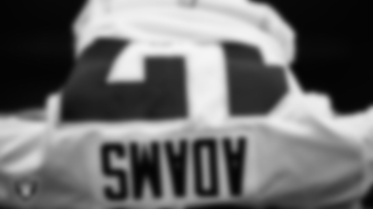 Las Vegas Raiders wide receiver Davante Adams' (17) pads in the locker room prior to the Las Vegas Raiders' arrival for their regular season away game against the Los Angeles Chargers at SoFi Stadium.