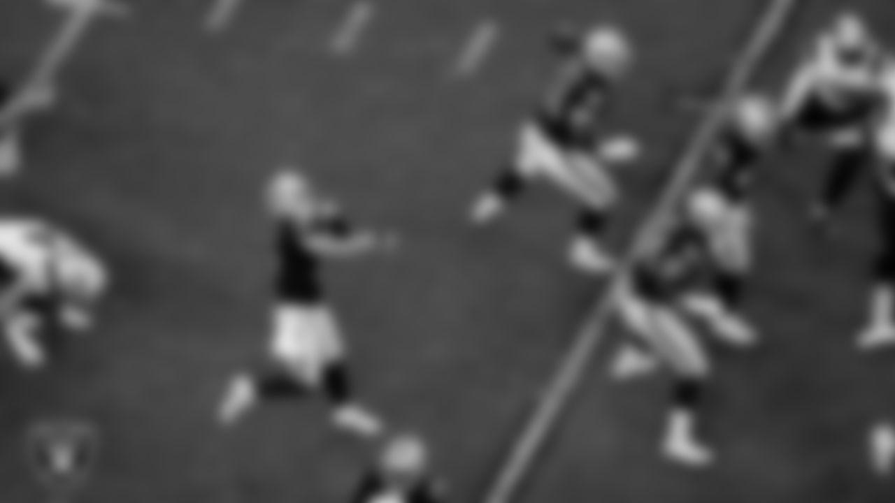 Las Vegas Raiders quarterback Chase Garbers (15) during the preseason home game against the New England Patriots at Allegiant Stadium.