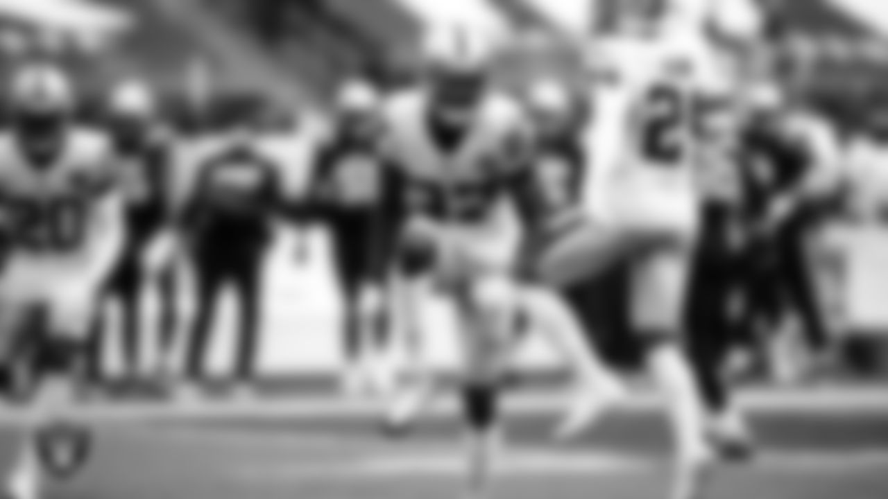 Las Vegas Raiders cornerback Trayvon Mullen (27) celebrates during the regular season away game against the New England Patriots.