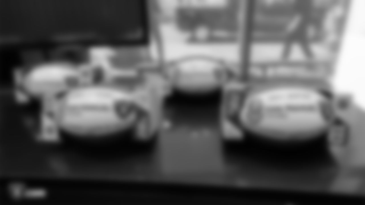 Footballs with the San Manuel Casino and Raiders' logos on display at a private event celebrating San Manuel Band of Mission Indians' new partnership with Allegiant Stadium and the Raiders.