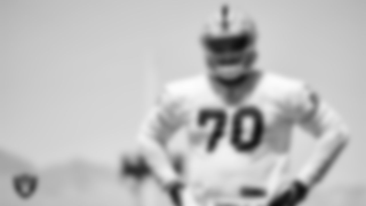 Las Vegas Raiders offensive lineman Alex Leatherwood (70) at an Organized Team Activity (OTA).