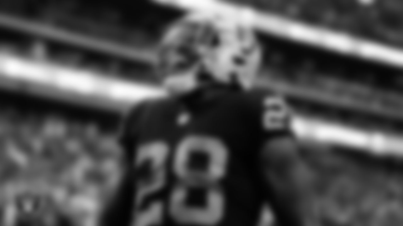 Las Vegas Raiders running back Josh Jacobs (28) celebrates after rushing for a 7-yard touchdown during the regular season home game against the Denver Broncos at Allegiant Stadium.