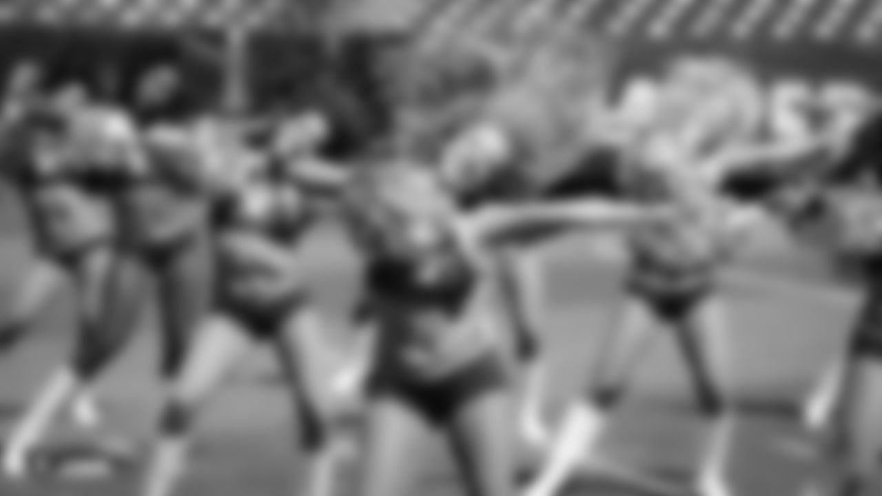 The Raiderettes warm up on the field before the Oakland Raiders game against the Los Angeles Rams at Oakland-Alameda County Coliseum, Monday, September 10, 2018, in Oakland, Calif. The Oakland Raiders lost 33-13.
