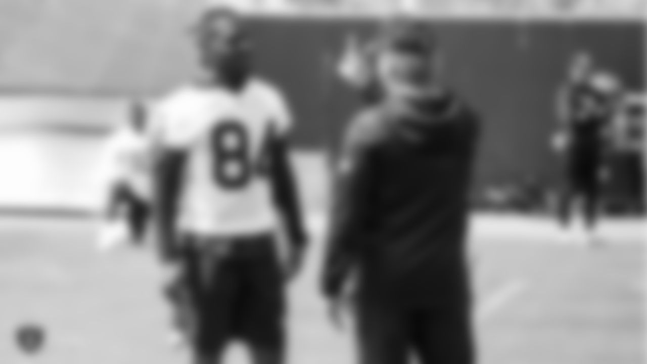 Raiders wide receiver Antonio Brown (84) and head coach Jon Gruden at an Organized Team Activity (OTA) at the Raiders Practice Facility in Alameda, Calif.