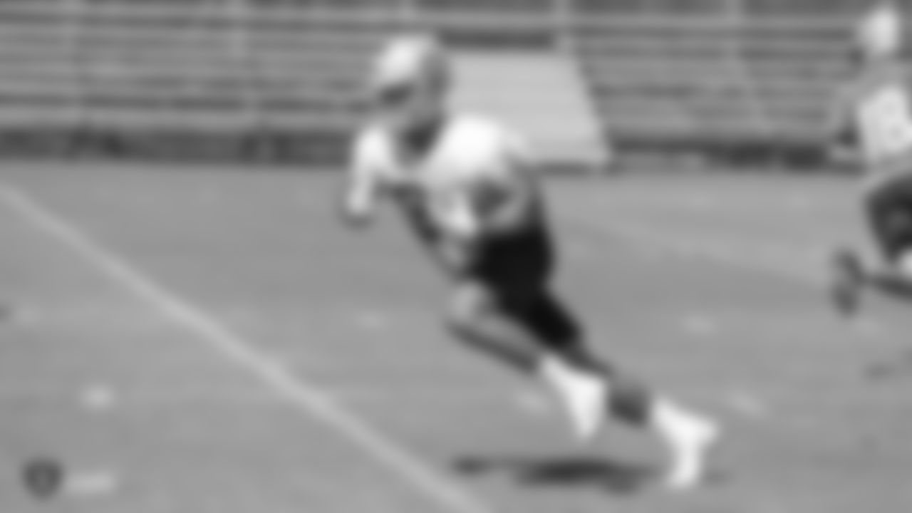 Oakland Raiders running back Chris Warren (34) on the field for practice at 2018 Pre-Training Camp at The Oakland Raiders Napa Valley Training Complex, Wednesday, July 25, 2018, in Napa, California.