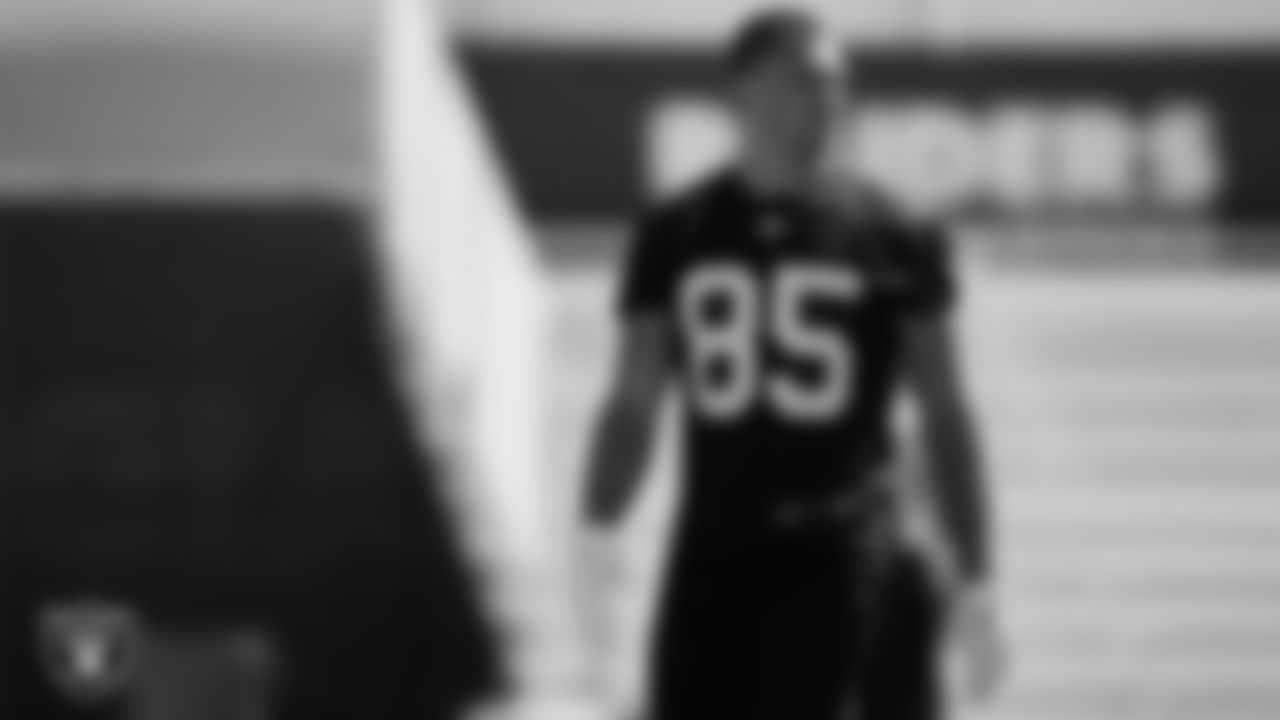Las Vegas Raiders tight end Derek Carrier (85) during practice at Intermountain Healthcare Performance Center.
