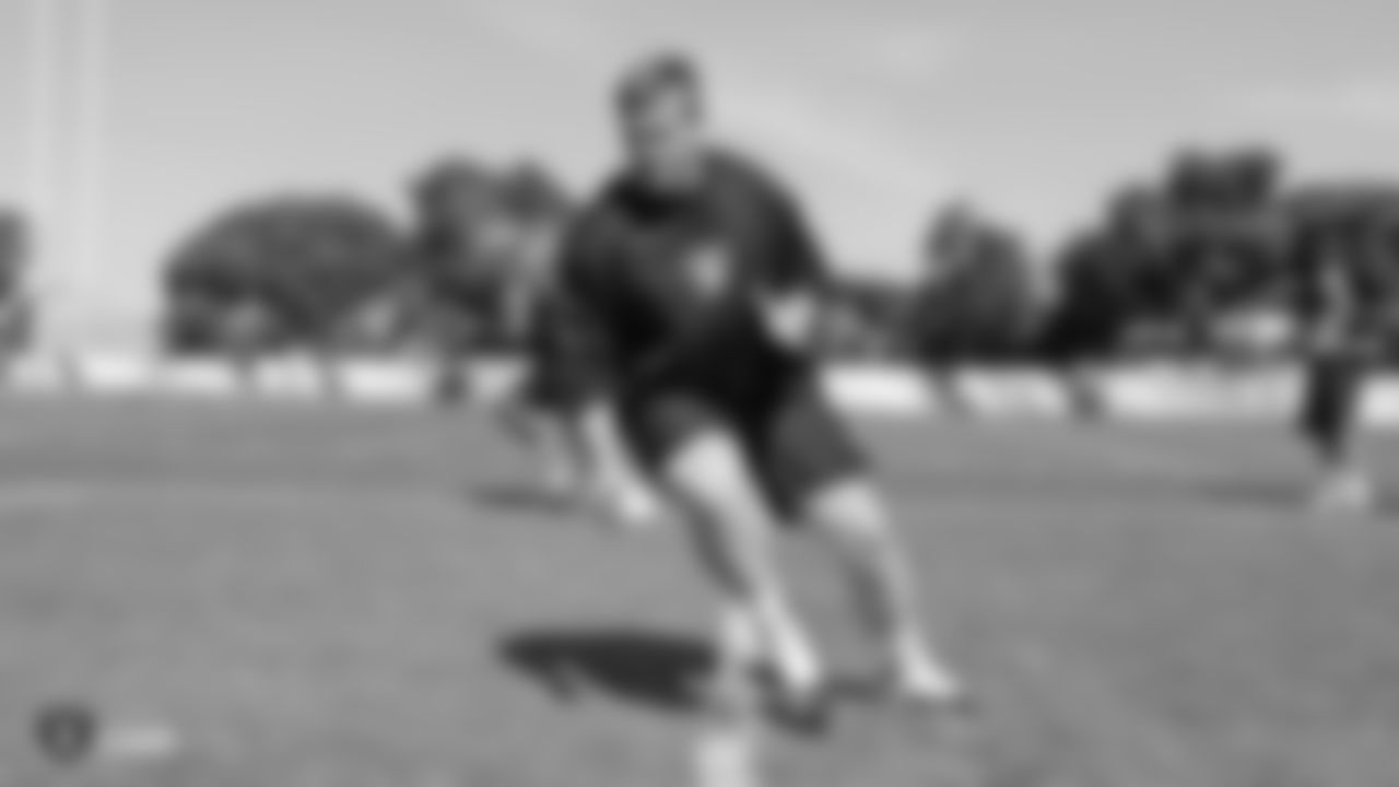 Raiders offensive lineman Jordan Devey at a workout during phase one of the offseason program at the Raiders Practice Facility in Alameda, Calif.