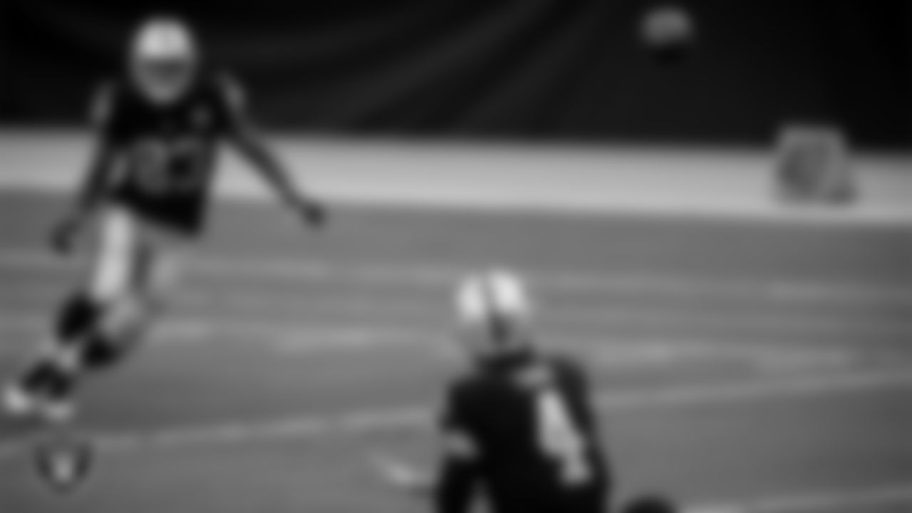 Las Vegas Raiders quarterback Derek Carr (4) on the field for practice at 2020 Training Camp.
